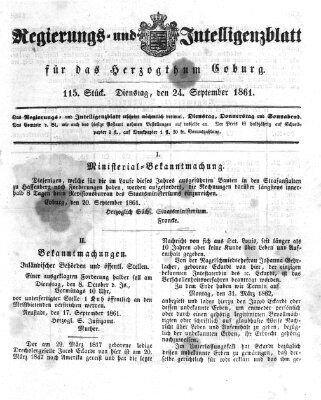 Regierungs- und Intelligenzblatt für das Herzogtum Coburg (Coburger Regierungs-Blatt) Dienstag 24. September 1861