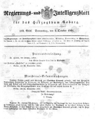 Regierungs- und Intelligenzblatt für das Herzogtum Coburg (Coburger Regierungs-Blatt) Donnerstag 3. Oktober 1861