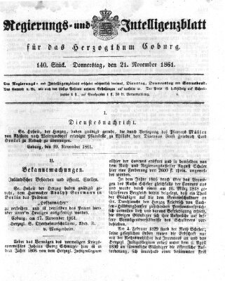 Regierungs- und Intelligenzblatt für das Herzogtum Coburg (Coburger Regierungs-Blatt) Donnerstag 21. November 1861