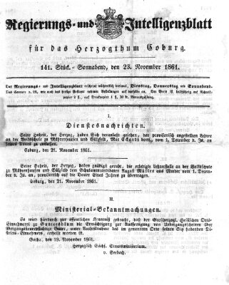Regierungs- und Intelligenzblatt für das Herzogtum Coburg (Coburger Regierungs-Blatt) Samstag 23. November 1861