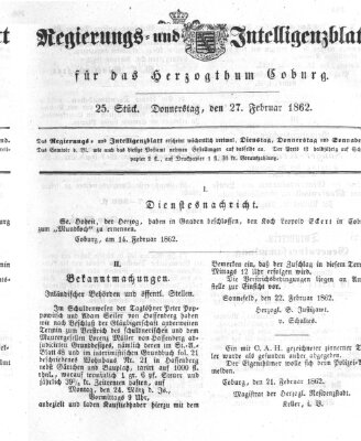 Regierungs- und Intelligenzblatt für das Herzogtum Coburg (Coburger Regierungs-Blatt) Donnerstag 27. Februar 1862