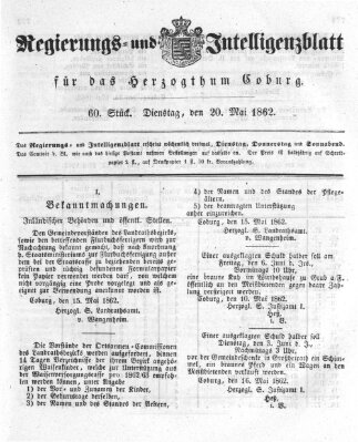 Regierungs- und Intelligenzblatt für das Herzogtum Coburg (Coburger Regierungs-Blatt) Dienstag 20. Mai 1862