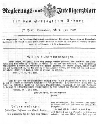 Regierungs- und Intelligenzblatt für das Herzogtum Coburg (Coburger Regierungs-Blatt) Samstag 7. Juni 1862