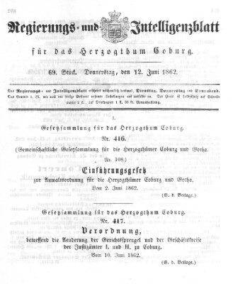 Regierungs- und Intelligenzblatt für das Herzogtum Coburg (Coburger Regierungs-Blatt) Donnerstag 12. Juni 1862