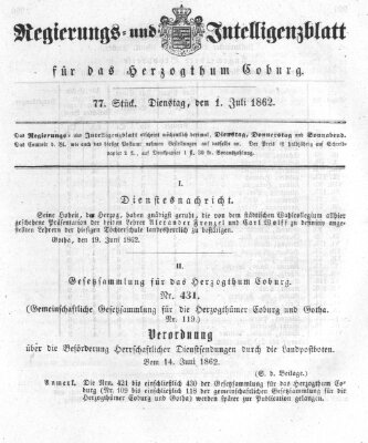 Regierungs- und Intelligenzblatt für das Herzogtum Coburg (Coburger Regierungs-Blatt) Dienstag 1. Juli 1862