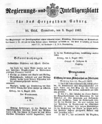 Regierungs- und Intelligenzblatt für das Herzogtum Coburg (Coburger Regierungs-Blatt) Samstag 9. August 1862