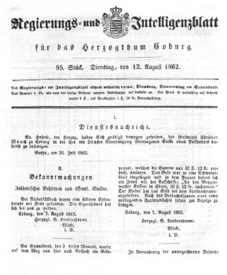 Regierungs- und Intelligenzblatt für das Herzogtum Coburg (Coburger Regierungs-Blatt) Dienstag 12. August 1862
