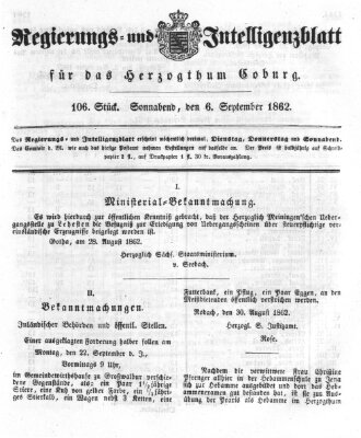 Regierungs- und Intelligenzblatt für das Herzogtum Coburg (Coburger Regierungs-Blatt) Samstag 6. September 1862