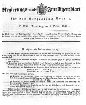 Regierungs- und Intelligenzblatt für das Herzogtum Coburg (Coburger Regierungs-Blatt) Donnerstag 9. Oktober 1862