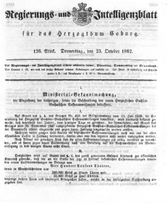 Regierungs- und Intelligenzblatt für das Herzogtum Coburg (Coburger Regierungs-Blatt) Donnerstag 23. Oktober 1862