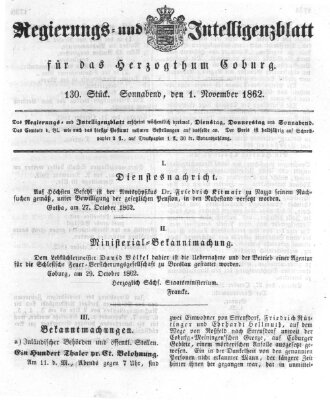 Regierungs- und Intelligenzblatt für das Herzogtum Coburg (Coburger Regierungs-Blatt) Samstag 1. November 1862