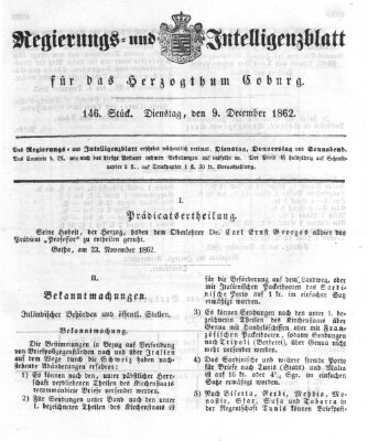 Regierungs- und Intelligenzblatt für das Herzogtum Coburg (Coburger Regierungs-Blatt) Dienstag 9. Dezember 1862