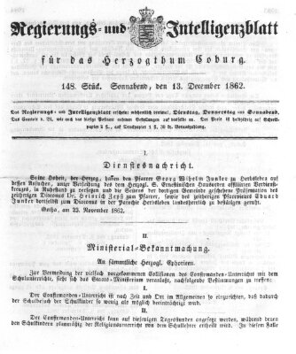 Regierungs- und Intelligenzblatt für das Herzogtum Coburg (Coburger Regierungs-Blatt) Samstag 13. Dezember 1862