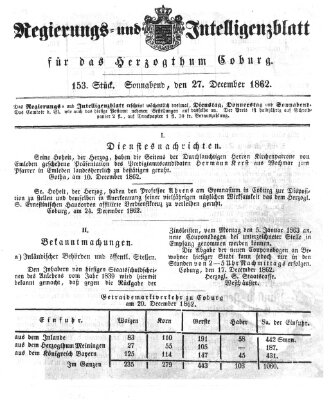 Regierungs- und Intelligenzblatt für das Herzogtum Coburg (Coburger Regierungs-Blatt) Samstag 27. Dezember 1862