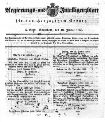 Regierungs- und Intelligenzblatt für das Herzogtum Coburg (Coburger Regierungs-Blatt) Samstag 10. Januar 1863