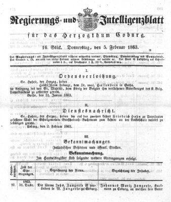 Regierungs- und Intelligenzblatt für das Herzogtum Coburg (Coburger Regierungs-Blatt) Donnerstag 5. Februar 1863