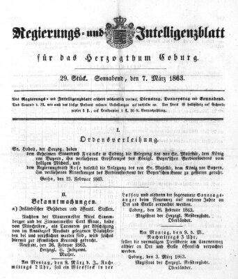 Regierungs- und Intelligenzblatt für das Herzogtum Coburg (Coburger Regierungs-Blatt) Samstag 7. März 1863