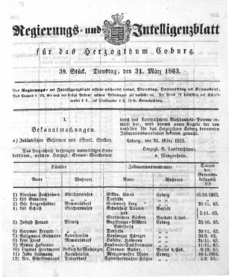 Regierungs- und Intelligenzblatt für das Herzogtum Coburg (Coburger Regierungs-Blatt) Dienstag 31. März 1863