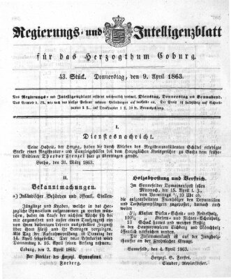 Regierungs- und Intelligenzblatt für das Herzogtum Coburg (Coburger Regierungs-Blatt) Donnerstag 9. April 1863