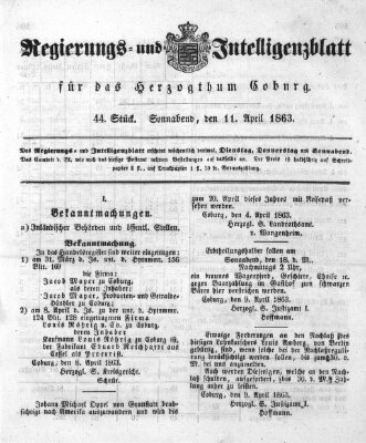 Regierungs- und Intelligenzblatt für das Herzogtum Coburg (Coburger Regierungs-Blatt) Samstag 11. April 1863