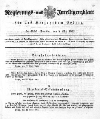 Regierungs- und Intelligenzblatt für das Herzogtum Coburg (Coburger Regierungs-Blatt) Dienstag 5. Mai 1863
