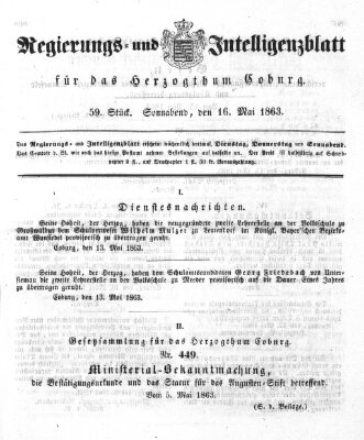 Regierungs- und Intelligenzblatt für das Herzogtum Coburg (Coburger Regierungs-Blatt) Samstag 16. Mai 1863