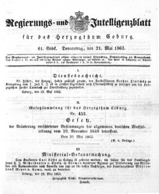 Regierungs- und Intelligenzblatt für das Herzogtum Coburg (Coburger Regierungs-Blatt) Donnerstag 21. Mai 1863