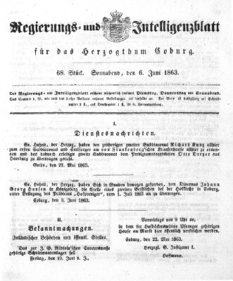 Regierungs- und Intelligenzblatt für das Herzogtum Coburg (Coburger Regierungs-Blatt) Samstag 6. Juni 1863