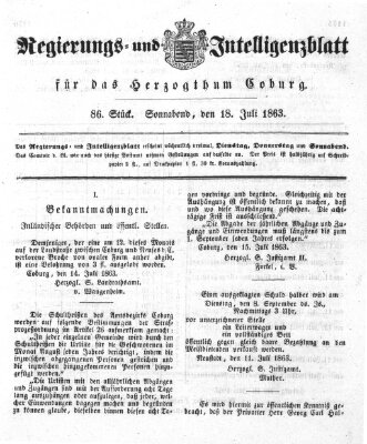 Regierungs- und Intelligenzblatt für das Herzogtum Coburg (Coburger Regierungs-Blatt) Samstag 18. Juli 1863