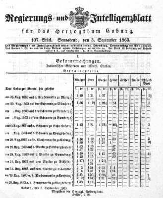 Regierungs- und Intelligenzblatt für das Herzogtum Coburg (Coburger Regierungs-Blatt) Samstag 5. September 1863