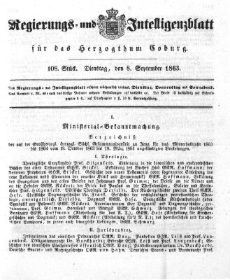 Regierungs- und Intelligenzblatt für das Herzogtum Coburg (Coburger Regierungs-Blatt) Dienstag 8. September 1863