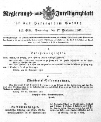 Regierungs- und Intelligenzblatt für das Herzogtum Coburg (Coburger Regierungs-Blatt) Donnerstag 17. September 1863