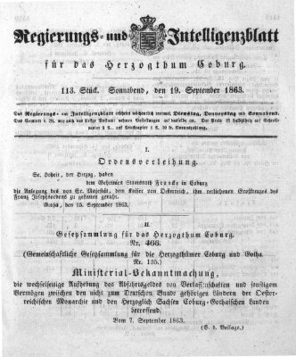 Regierungs- und Intelligenzblatt für das Herzogtum Coburg (Coburger Regierungs-Blatt) Samstag 19. September 1863