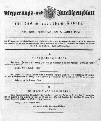 Regierungs- und Intelligenzblatt für das Herzogtum Coburg (Coburger Regierungs-Blatt) Donnerstag 8. Oktober 1863