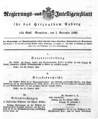 Regierungs- und Intelligenzblatt für das Herzogtum Coburg (Coburger Regierungs-Blatt) Samstag 7. November 1863