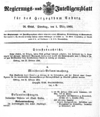 Regierungs- und Intelligenzblatt für das Herzogtum Coburg (Coburger Regierungs-Blatt) Dienstag 1. März 1864