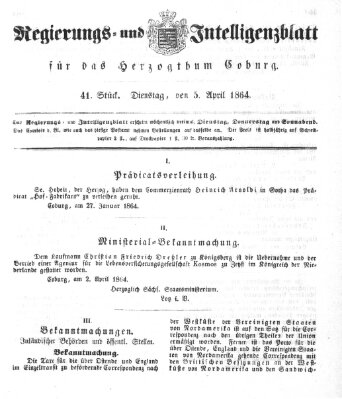 Regierungs- und Intelligenzblatt für das Herzogtum Coburg (Coburger Regierungs-Blatt) Dienstag 5. April 1864