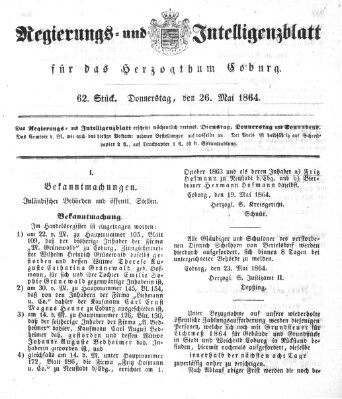 Regierungs- und Intelligenzblatt für das Herzogtum Coburg (Coburger Regierungs-Blatt) Donnerstag 26. Mai 1864