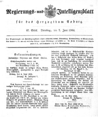 Regierungs- und Intelligenzblatt für das Herzogtum Coburg (Coburger Regierungs-Blatt) Dienstag 7. Juni 1864