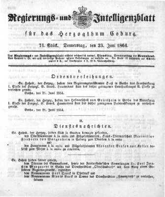 Regierungs- und Intelligenzblatt für das Herzogtum Coburg (Coburger Regierungs-Blatt) Donnerstag 23. Juni 1864