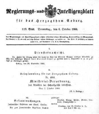 Regierungs- und Intelligenzblatt für das Herzogtum Coburg (Coburger Regierungs-Blatt) Donnerstag 6. Oktober 1864