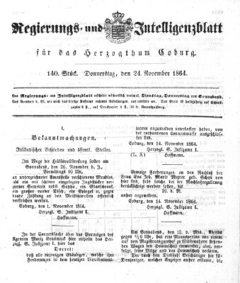Regierungs- und Intelligenzblatt für das Herzogtum Coburg (Coburger Regierungs-Blatt) Donnerstag 24. November 1864