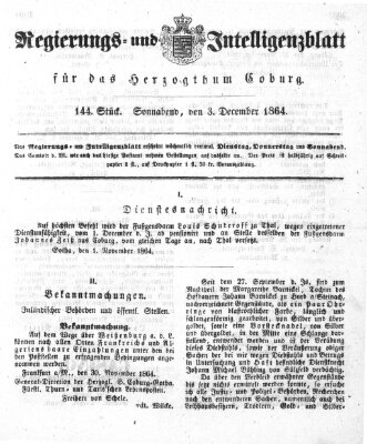 Regierungs- und Intelligenzblatt für das Herzogtum Coburg (Coburger Regierungs-Blatt) Samstag 3. Dezember 1864