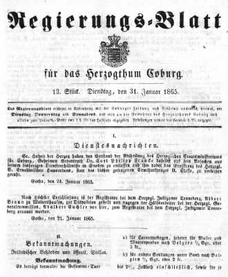 Regierungs-Blatt für das Herzogtum Coburg (Coburger Regierungs-Blatt) Dienstag 31. Januar 1865