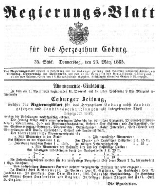 Regierungs-Blatt für das Herzogtum Coburg (Coburger Regierungs-Blatt) Donnerstag 23. März 1865
