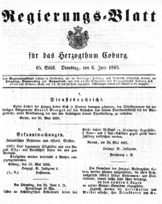 Regierungs-Blatt für das Herzogtum Coburg (Coburger Regierungs-Blatt) Dienstag 6. Juni 1865
