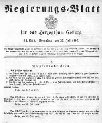 Regierungs-Blatt für das Herzogtum Coburg (Coburger Regierungs-Blatt) Samstag 22. Juli 1865