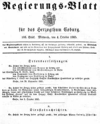 Regierungs-Blatt für das Herzogtum Coburg (Coburger Regierungs-Blatt) Mittwoch 4. Oktober 1865