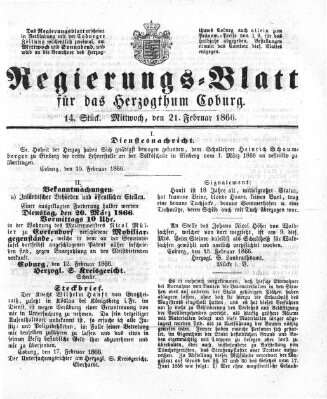 Regierungs-Blatt für das Herzogtum Coburg (Coburger Regierungs-Blatt) Mittwoch 21. Februar 1866