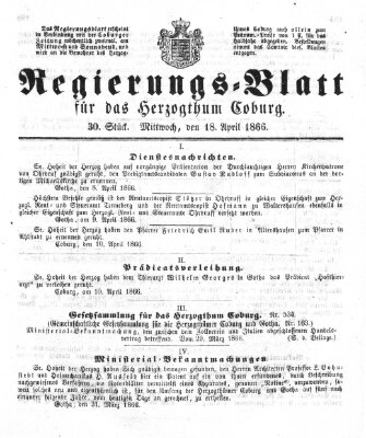 Regierungs-Blatt für das Herzogtum Coburg (Coburger Regierungs-Blatt) Mittwoch 18. April 1866